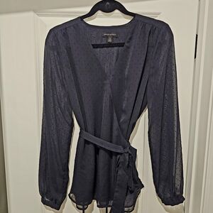 Banana Republic Navy Swiss Dot Long Sleeve Wrap Blouse Size Medium Tall